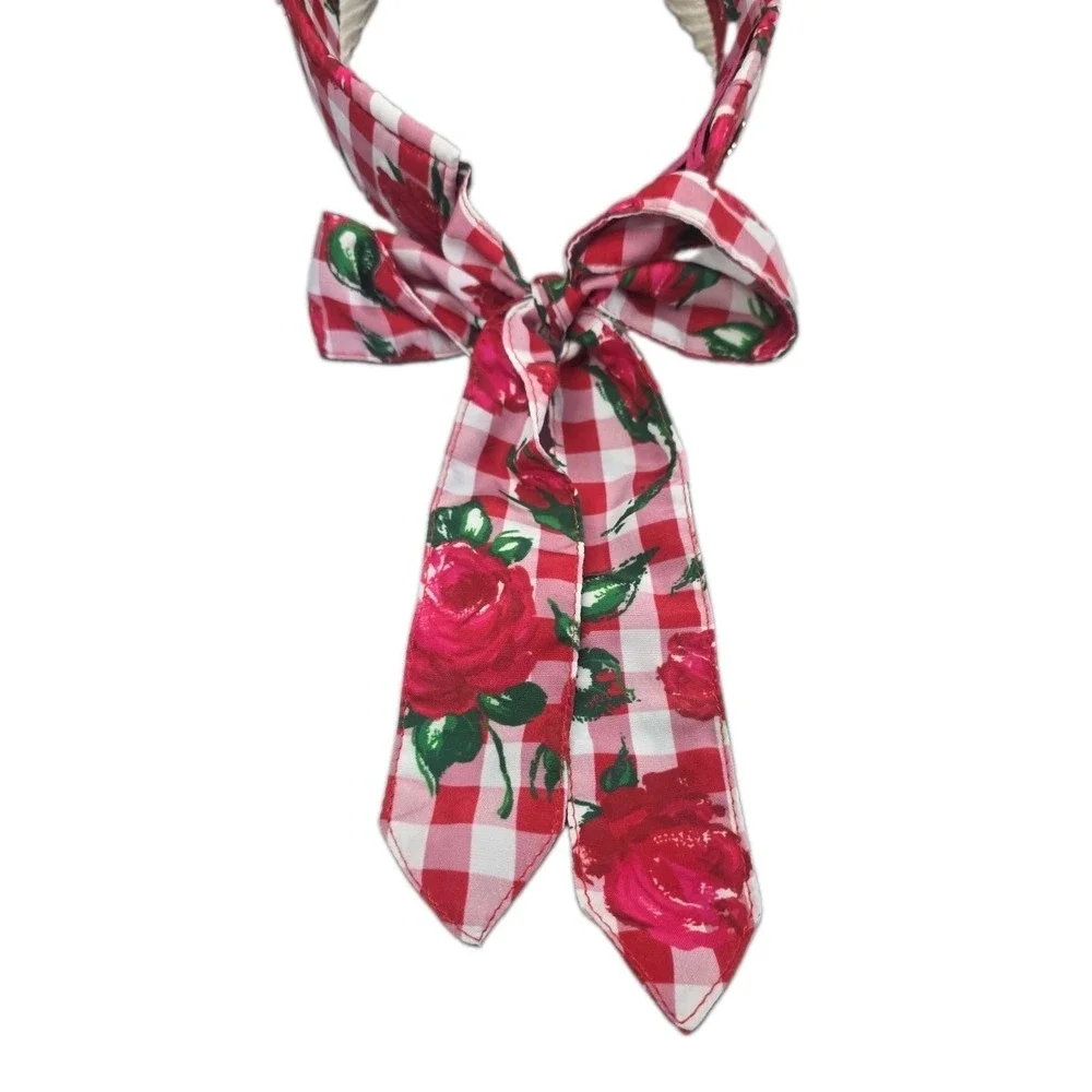 Betsey Johnson Gingham Rose Straw Sun Visor Hat Tie Back Bow Cottagecore Summer